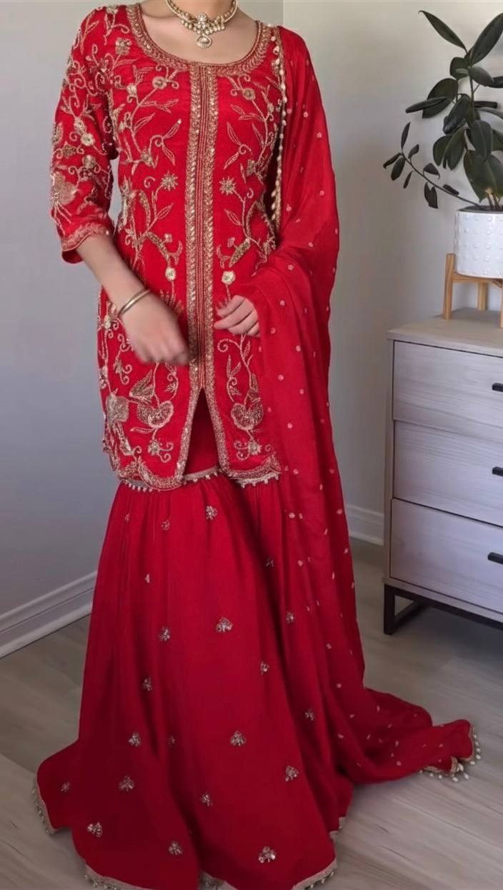 Royal Radiance Red Embroidered Sharara Set