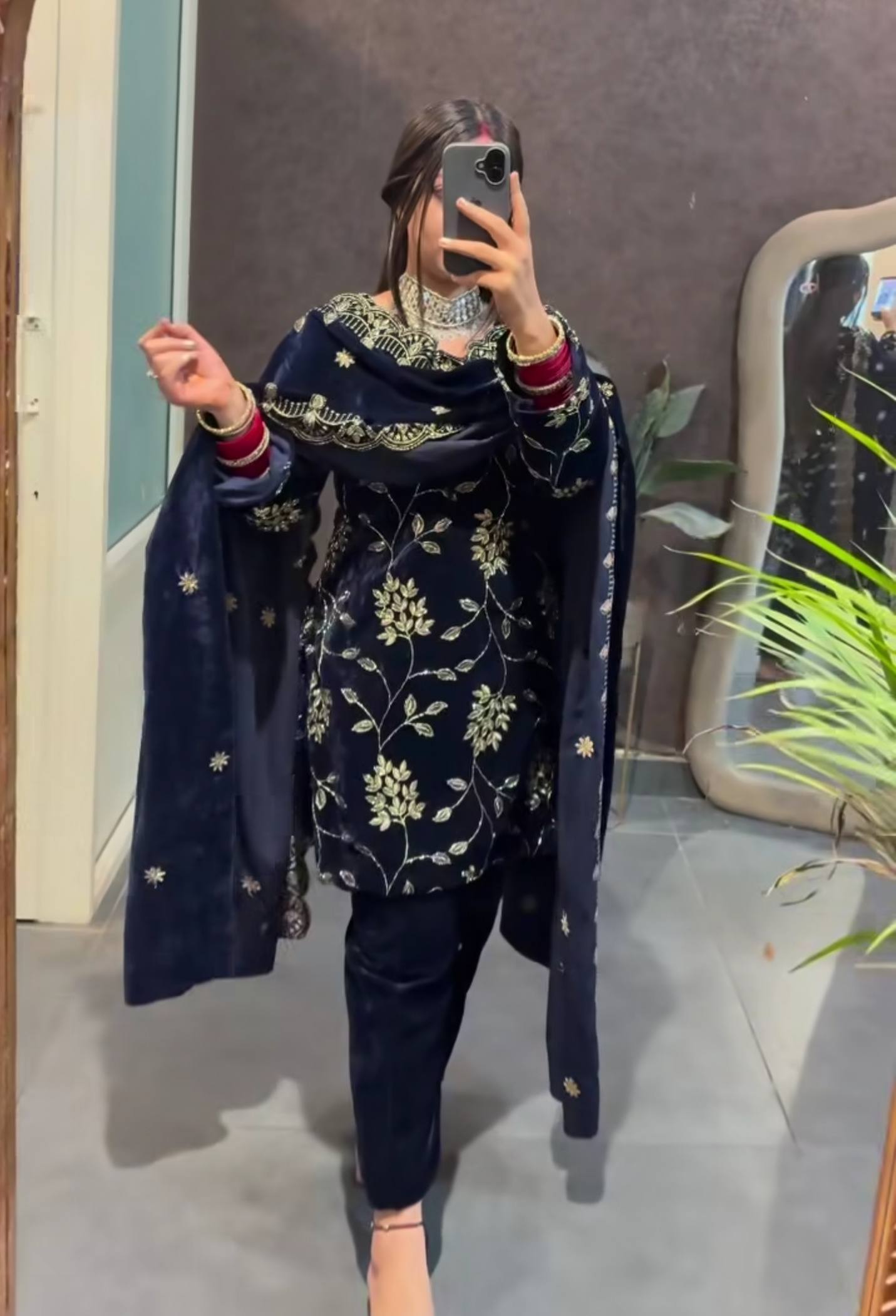 Blue Velvet Multi-Sequence Embroidered Suit Set