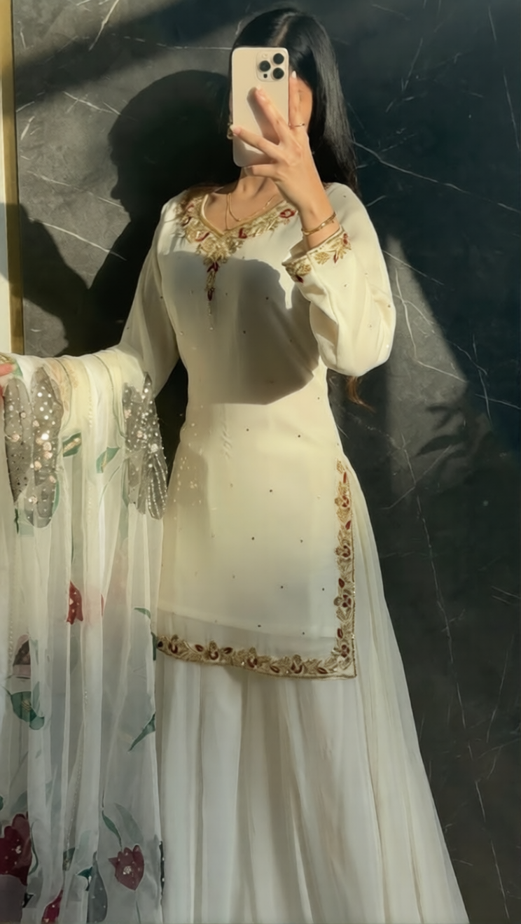 Zaira Ivory – Hand Embellished Chiffon Sharara Set with Hand-Painted Organza Dupatta