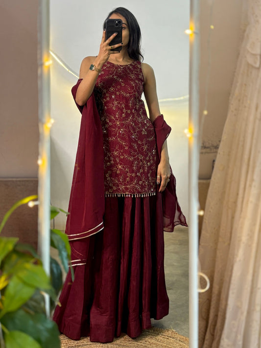 ZAREEN WINE BLOSSOM KURTA PALAZZO SET
