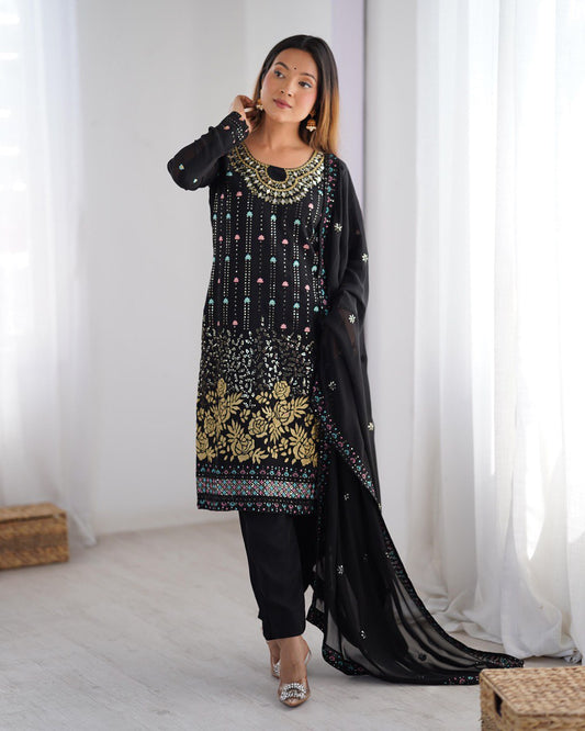 Midnight Blossom Elegant Black &Navy Blue Gold Floral Embroidery & Mirror Kurta Set