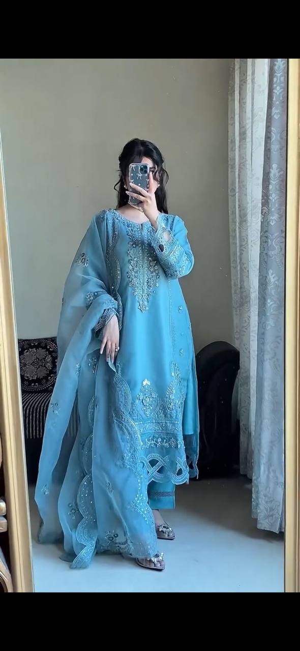 Soft Blue Straight Cut Kurta Set