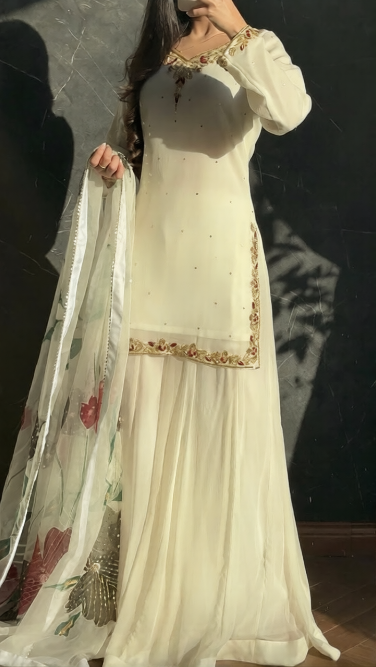 Zaira Ivory – Hand Embellished Chiffon Sharara Set with Hand-Painted Organza Dupatta