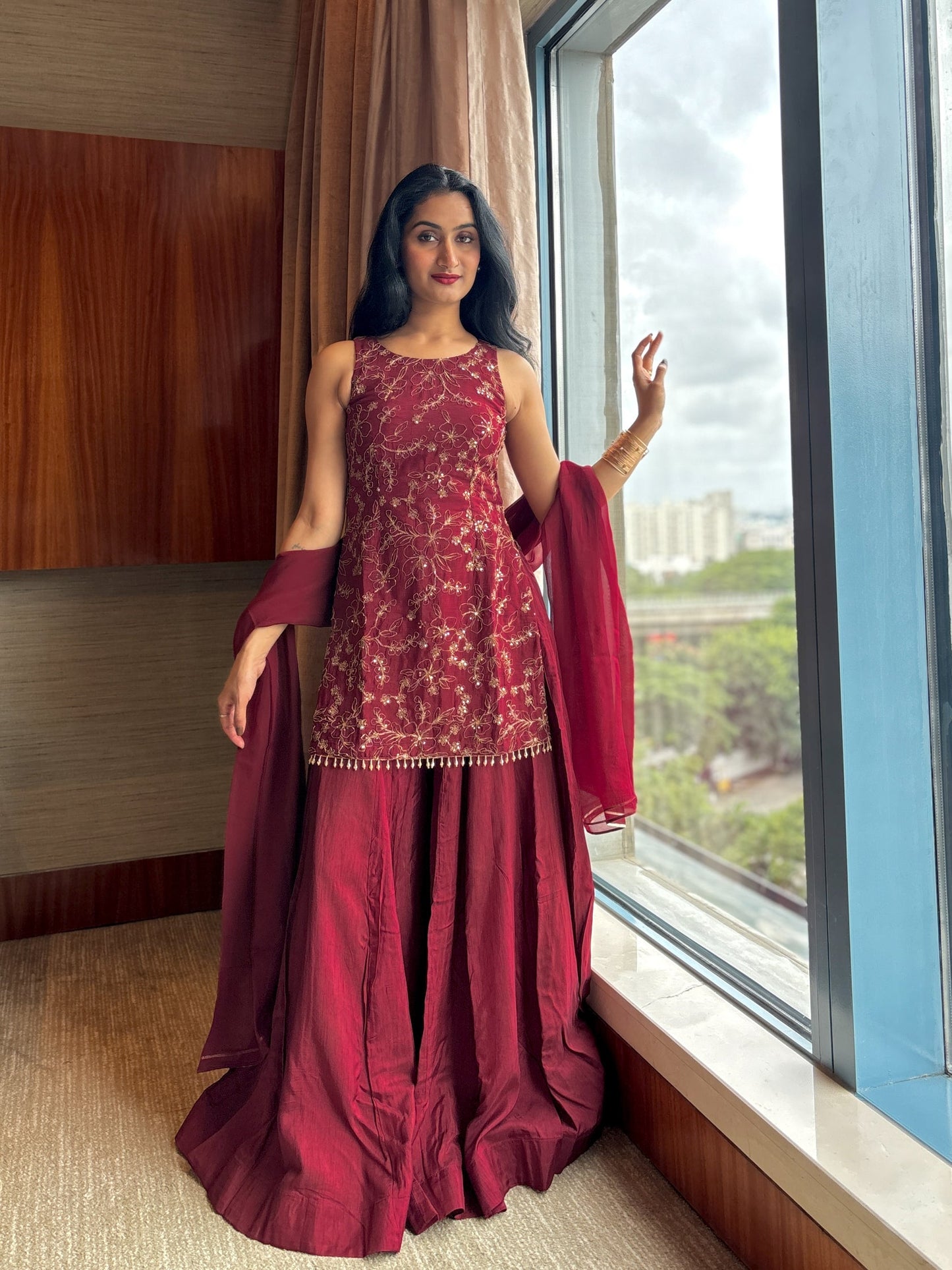 ZAREEN WINE BLOSSOM KURTA PALAZZO SET