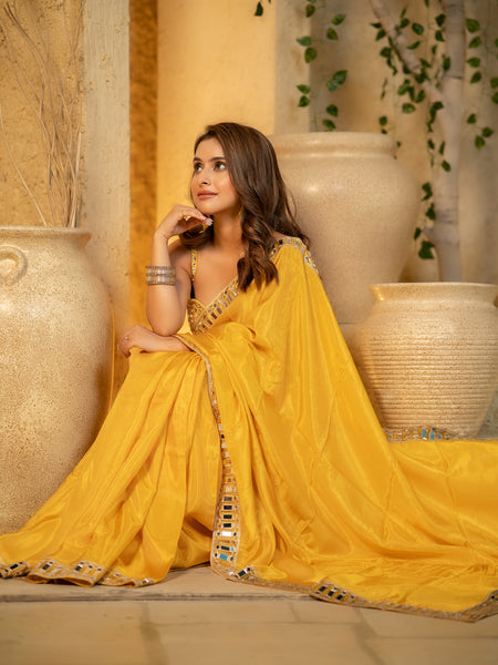 Kiara Buttery Yellow Designer Mirror Work Pure Tissue Silk Saree