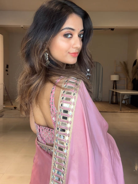 Myra Rose Pink Designer Mirror Work Pure Tissue Silk Saree