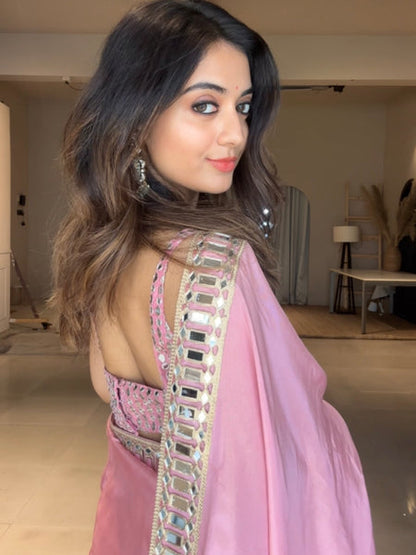 Myra Rose Pink Designer Mirror Work Pure Tissue Silk Saree