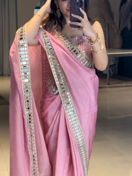 Myra Rose Pink Designer Mirror Work Pure Tissue Silk Saree