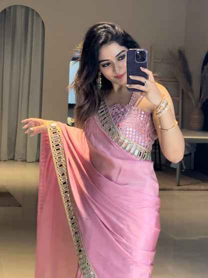 Myra Rose Pink Designer Mirror Work Pure Tissue Silk Saree