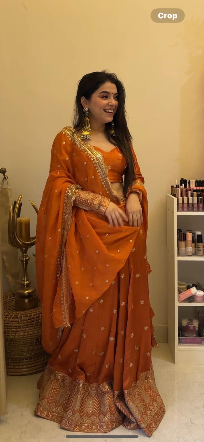 Rust Orange Gajji Silk Lehenga