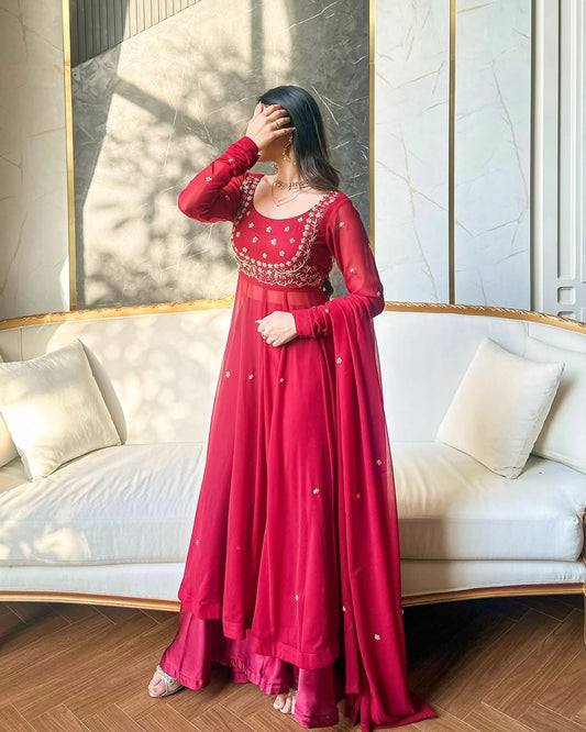 Aarohi Wine Bloom Kurta Palazzo Set