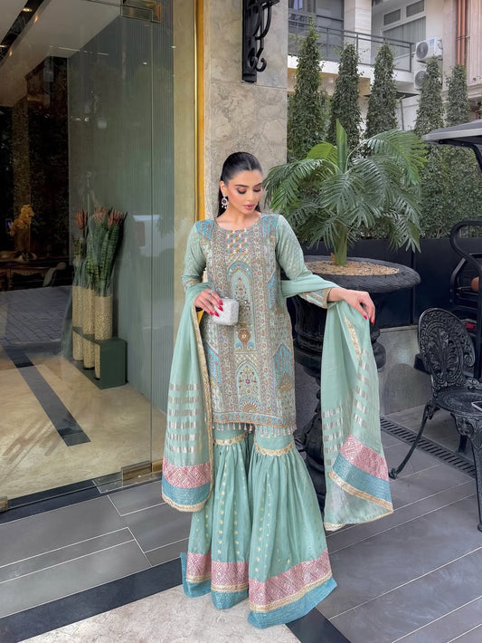 Zivara Mint Royale Kurta Palazzo Set with Dupatta