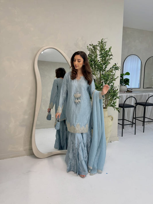 Elyra Mist Blue Kurta Palazzo Set with Dupatta