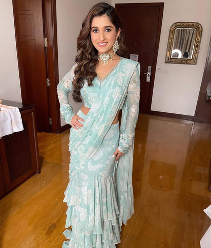 Tara Mint Whisper Ruffle Saree