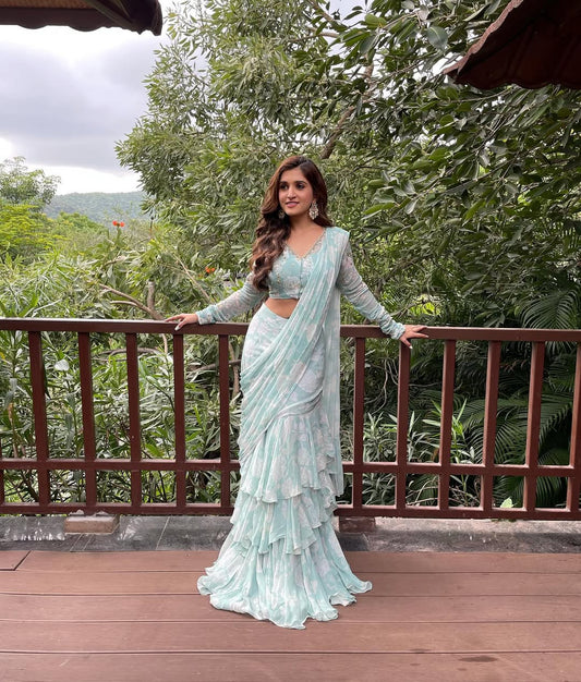 Tara Mint Whisper Ruffle Saree