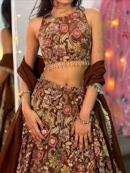 Meher-e-Brown  Heavily Embroidered Lehenga Set