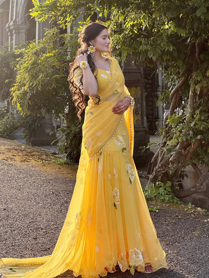 Noor Yellow Floral Pre-Draped Saree