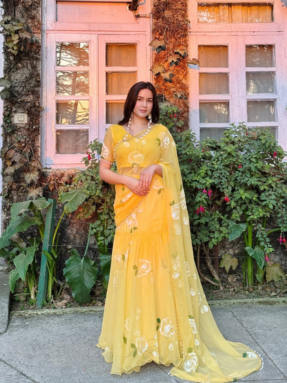 Noor Yellow Floral Pre-Draped Saree