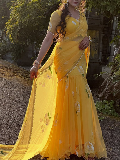 Noor Yellow Floral Pre-Draped Saree