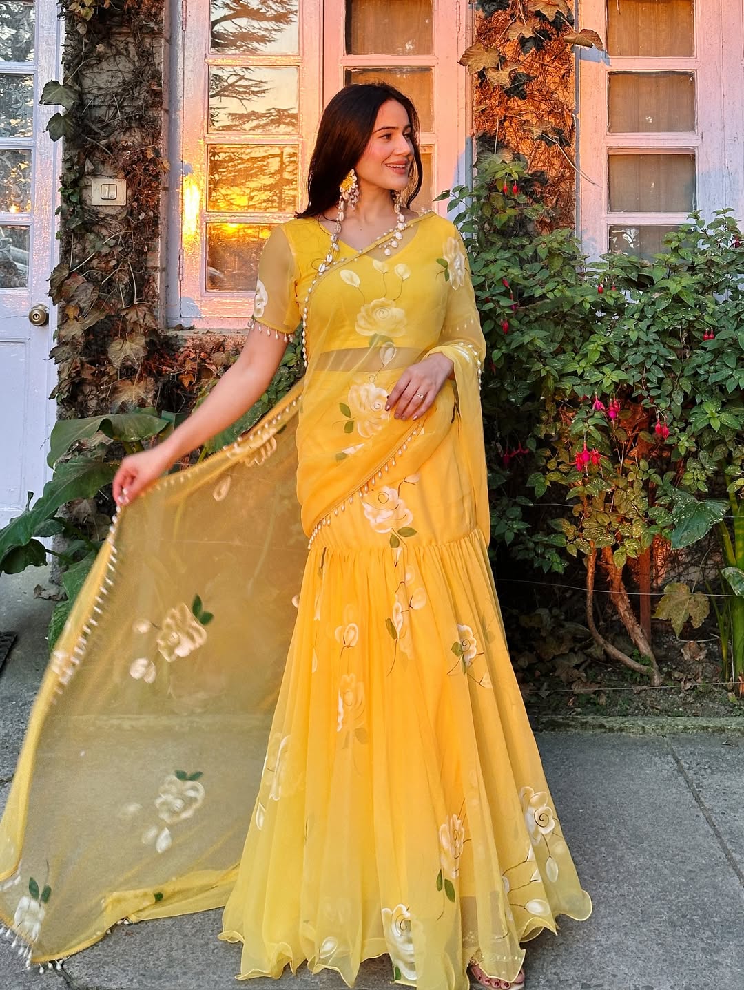 Noor Yellow Floral Pre-Draped Saree