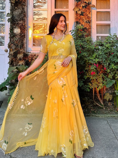 Noor Yellow Floral Pre-Draped Saree