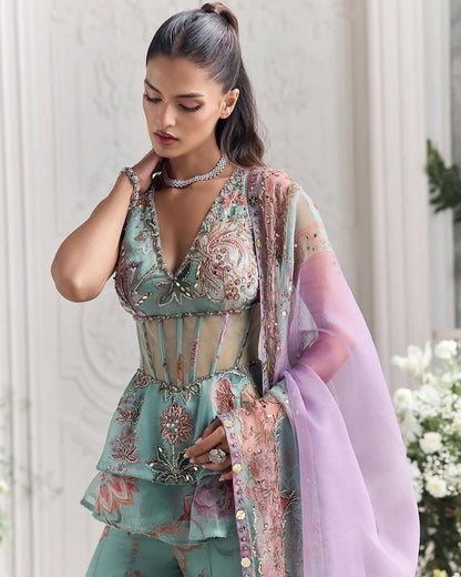 Aaira Mint Blossom  Designer Peplum Sharara Set