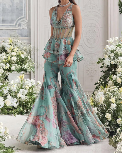 Aaira Mint Blossom  Designer Peplum Sharara Set