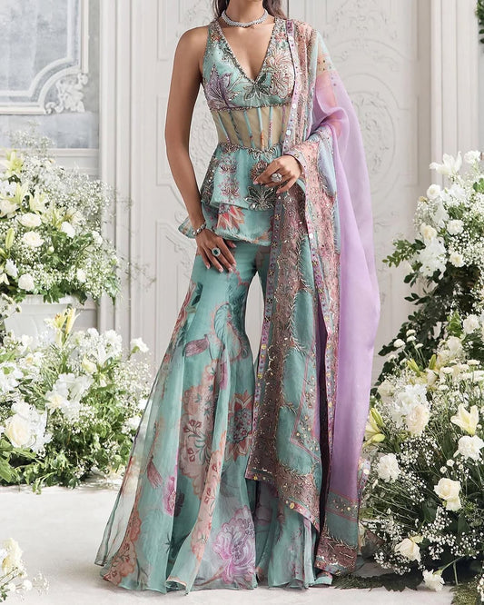 Aaira Mint Blossom  Designer Peplum Sharara Set