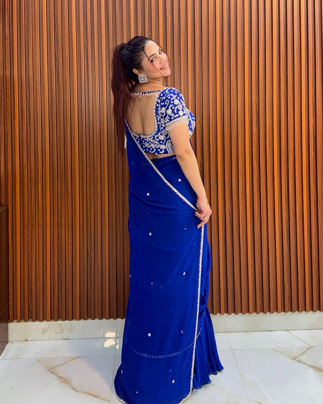 Glamorous Blue Embroidered Lehenga Saree