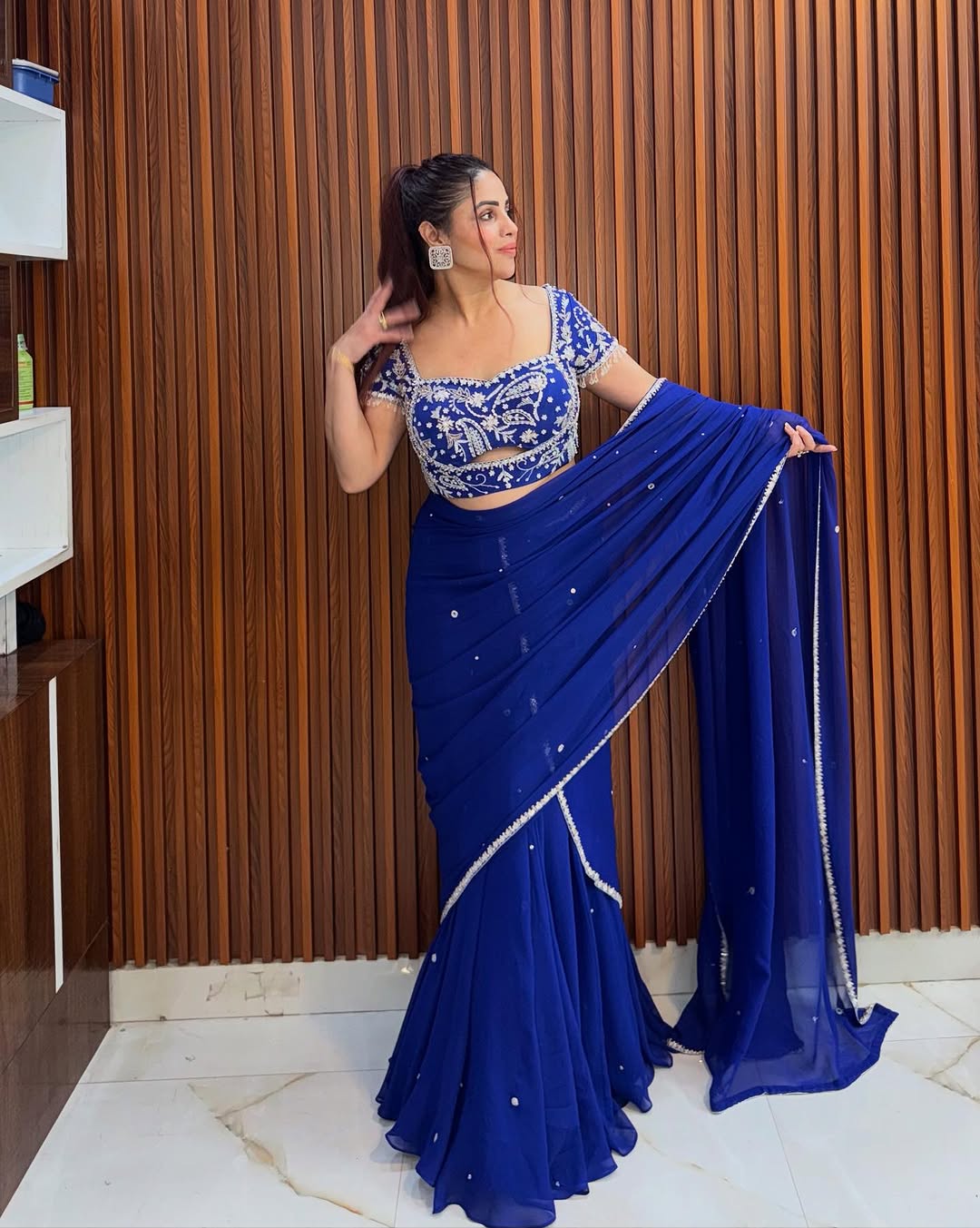 Glamorous Blue Embroidered Lehenga Saree
