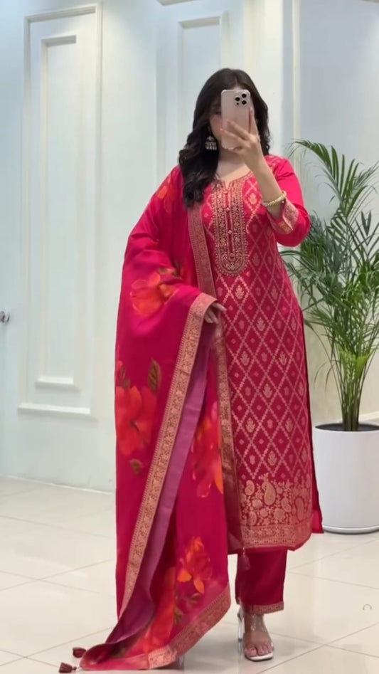 Elegant Ruby Pink Brocade Kurta Set with Floral Dupatta
