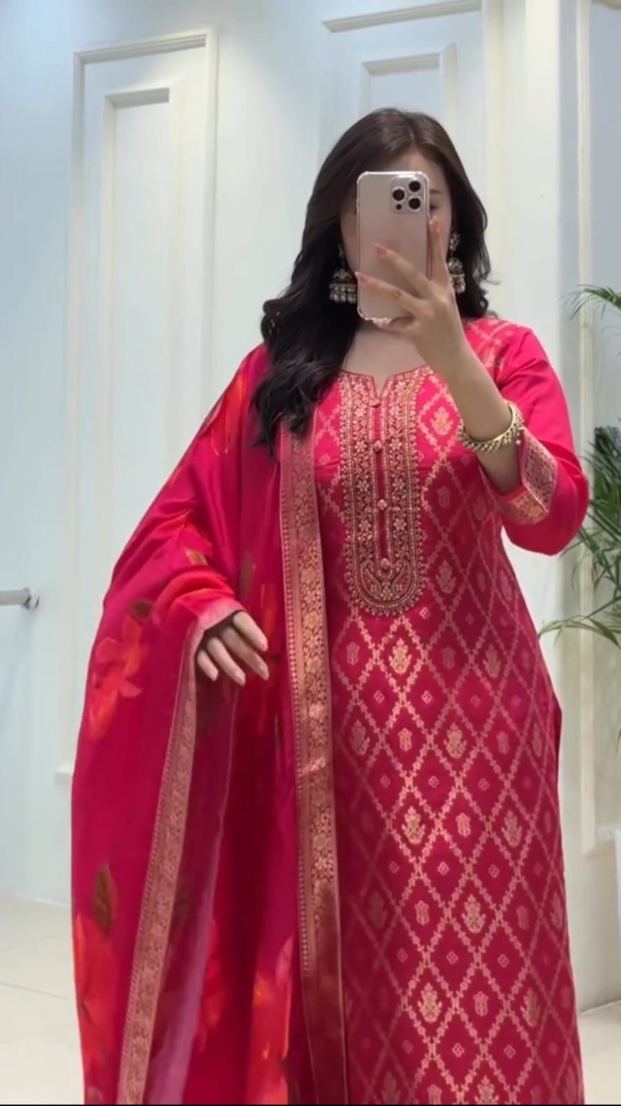 Elegant Ruby Pink Brocade Kurta Set with Floral Dupatta