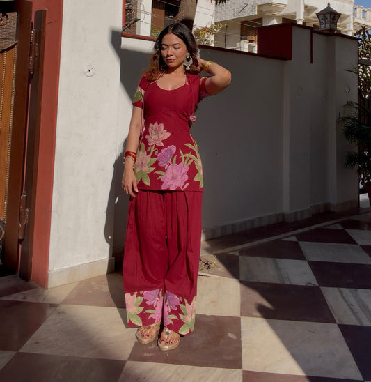 Aarohi Maroon Bloom Kurta Pajama Set