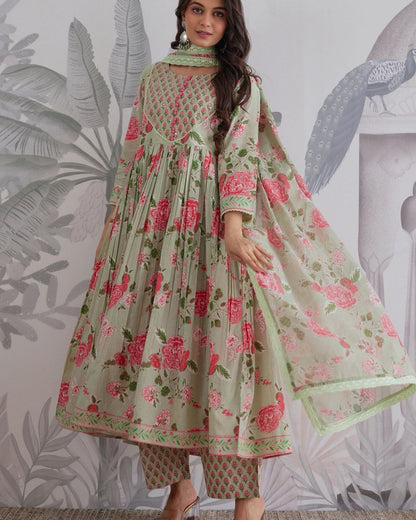 Prakriti Sage Floral Anarkali Set