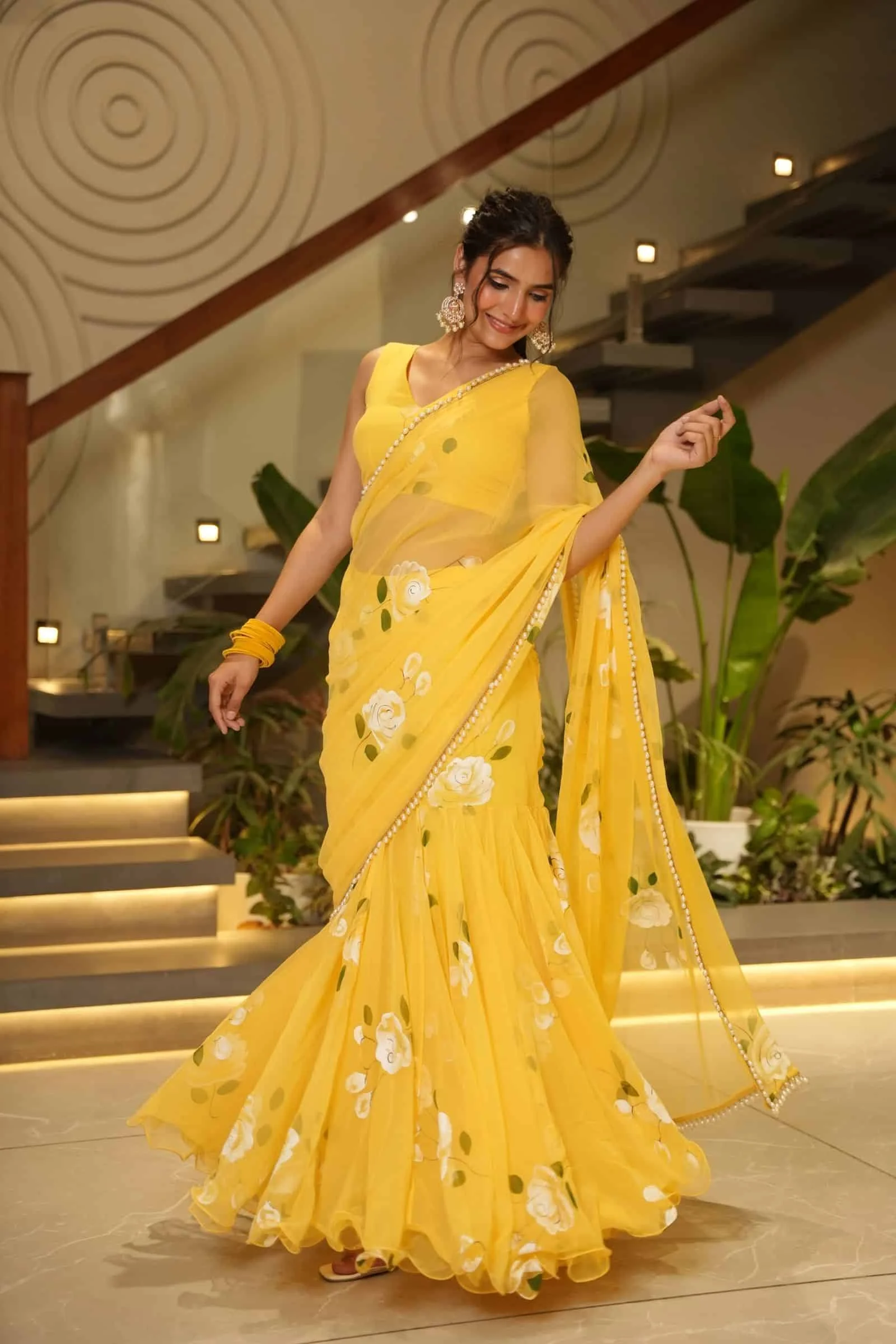 Myra Summer Bloom Yellow Saree with White Rose Print