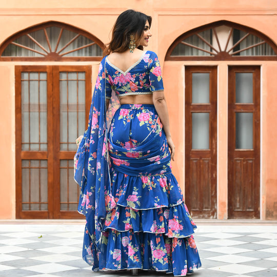 Blue Floral Fusion Saree
