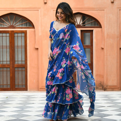 Blue Floral Fusion Saree