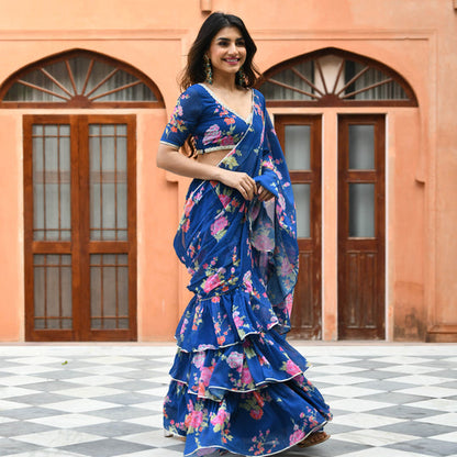 Blue Floral Fusion Saree