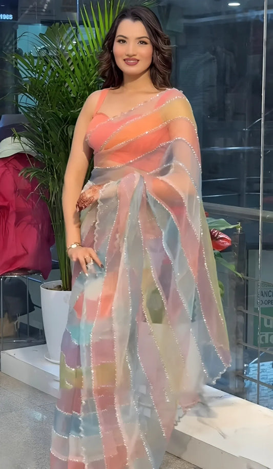 Aanya Inspired Multi Colour  Soft Tissue Silk Saree with Handmade Cutwork Laces