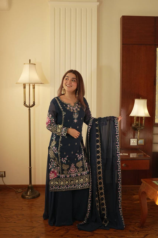 Mahira’s Royal Navy Blossom Suit Set