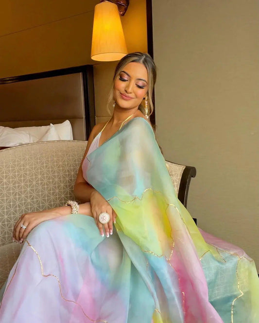 Aarohi Pastel Multicolor Organza Saree with Golden Detailing