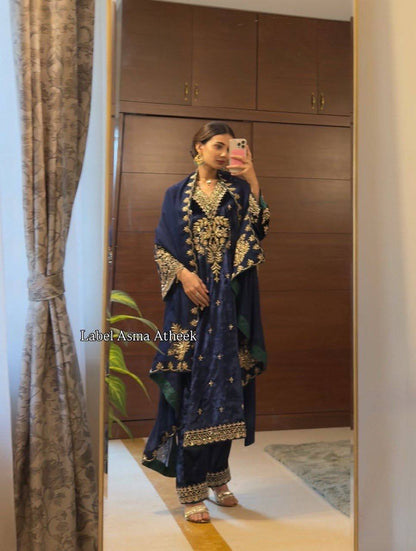 Zimal Royal Blue Embroidered Suit Set
