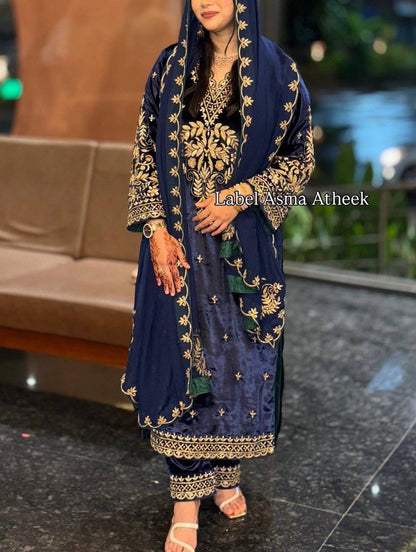 Zimal Royal Blue Embroidered Suit Set