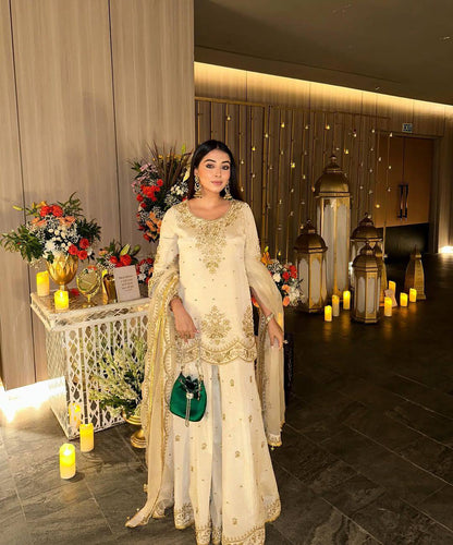 Naira Elegant Ivory Gold Handcrafted Plazoo Suit