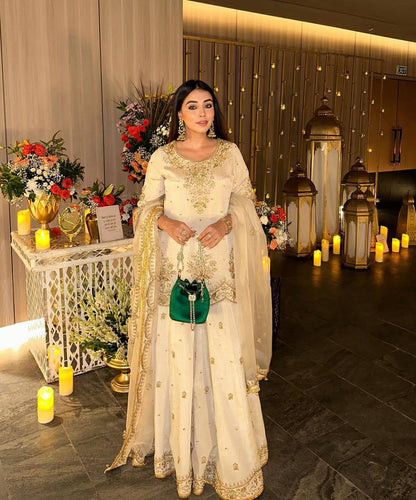 Naira Elegant Ivory Gold Handcrafted Plazoo Suit