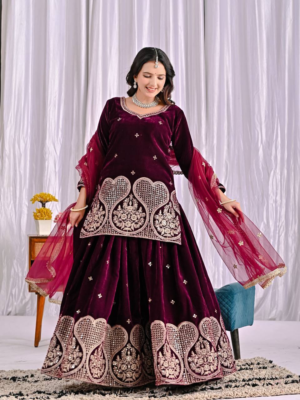 Naysa Sapphire Bloom Embroidered Velvet Sharara Set