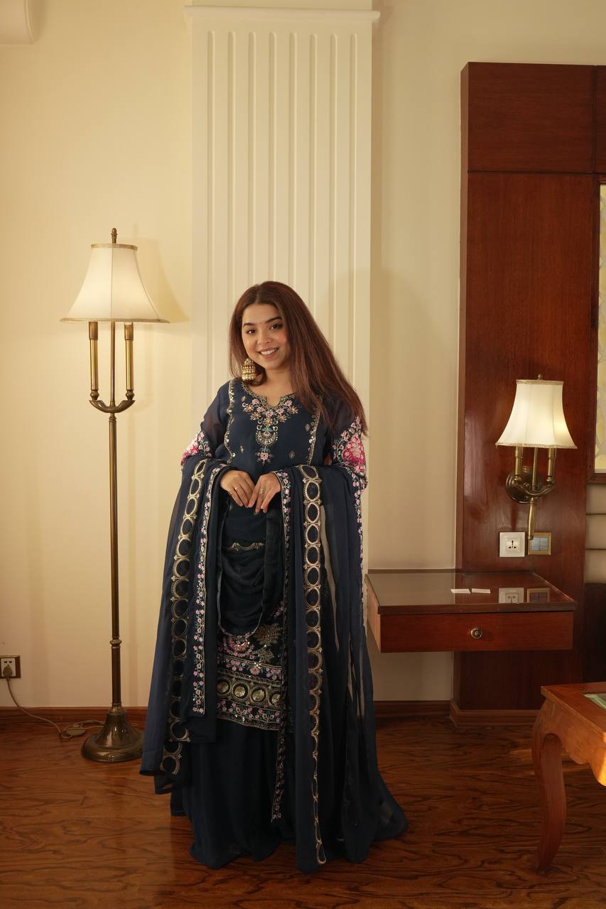 Mahira’s Royal Navy Blossom Suit Set