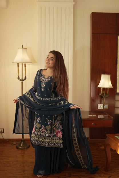 Mahira’s Royal Navy Blossom Suit Set
