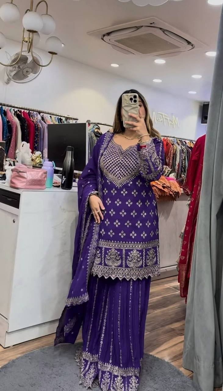 Zari Noor Purple Embellished Sharara Ensemble