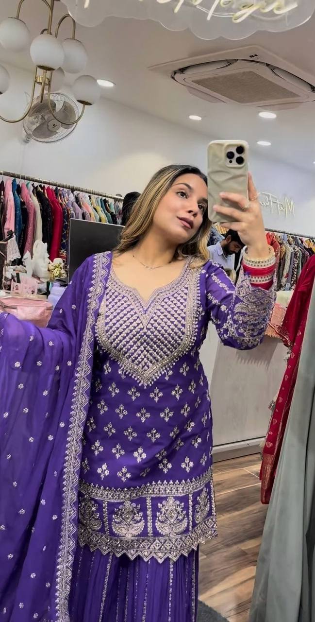 Zari Noor Purple Embellished Sharara Ensemble